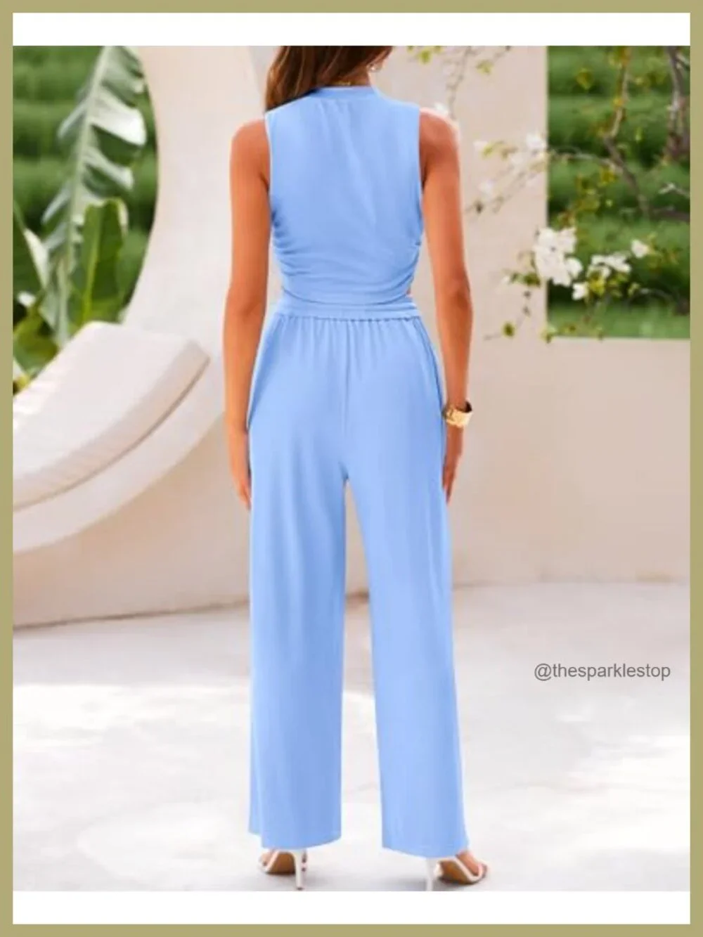 Ribbed Knit 2 Piece Outfit Wide Leg Pants Lounge Set Sleeveless Travel